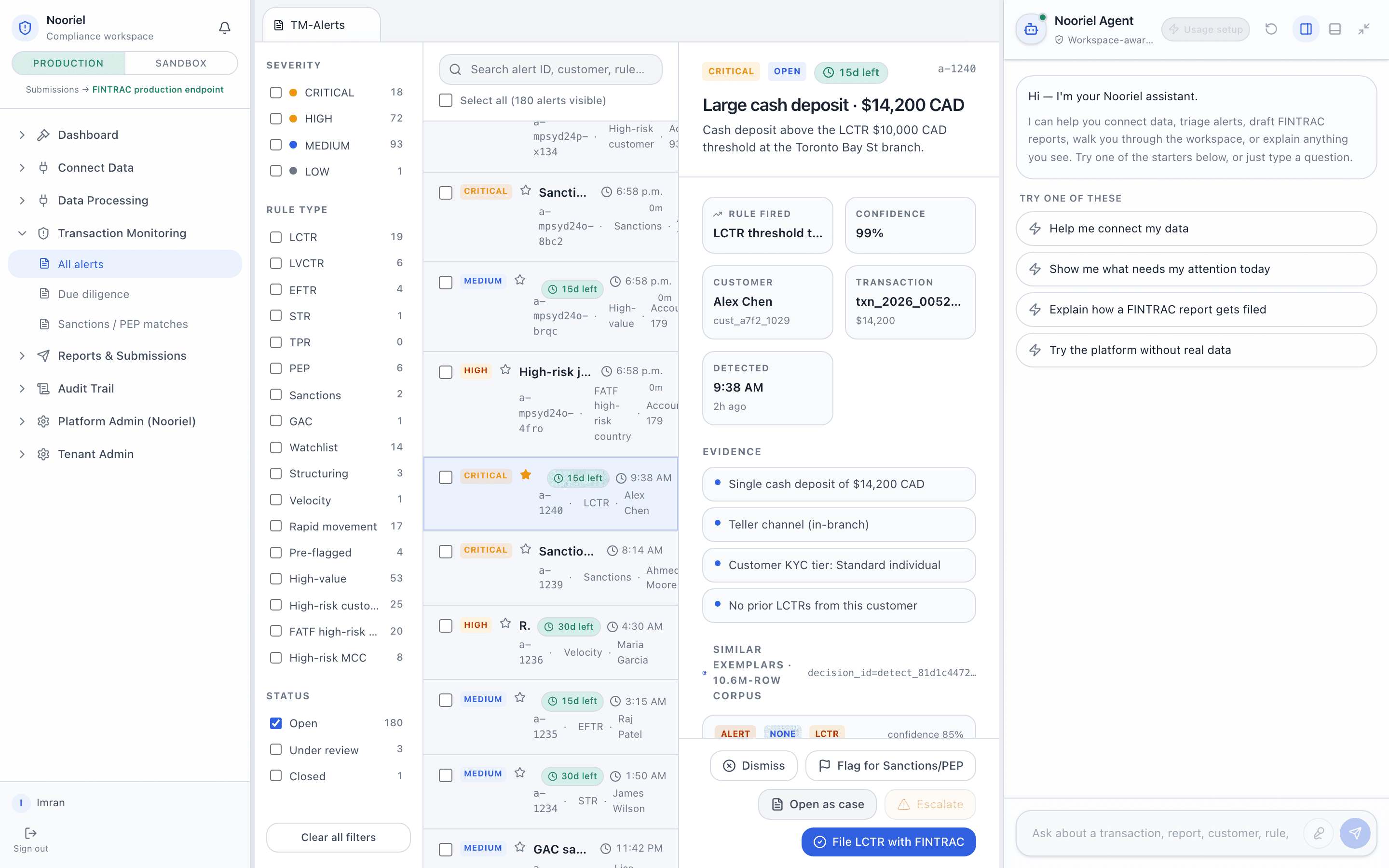 Nooriel compliance workspace — section tree, document viewer, and Gatekeeper Agent rendered side-by-side
